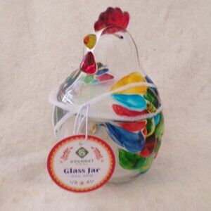 GOURMET KITCHEN HEAVY GLASS JAR CHICKEN MULTI-COLORED Feathers